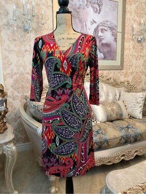 Emma & Michele Vibrant Pink, Red, Green and Navy Paisley Wrap Dress